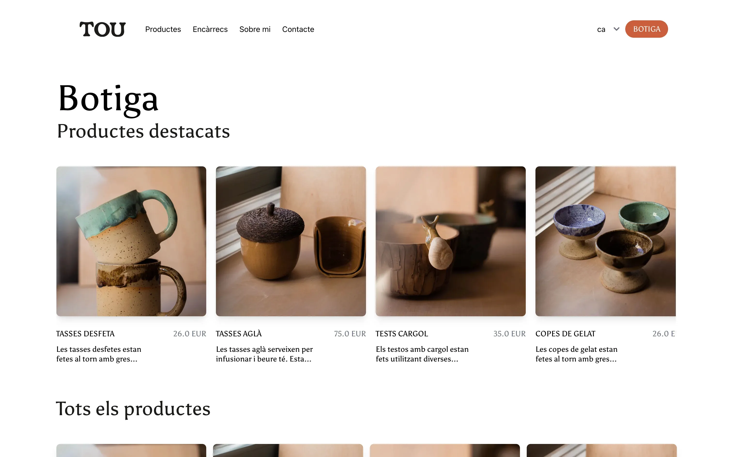 TOU Ceràmica online shop with featured handmade ceramic cups and bowls