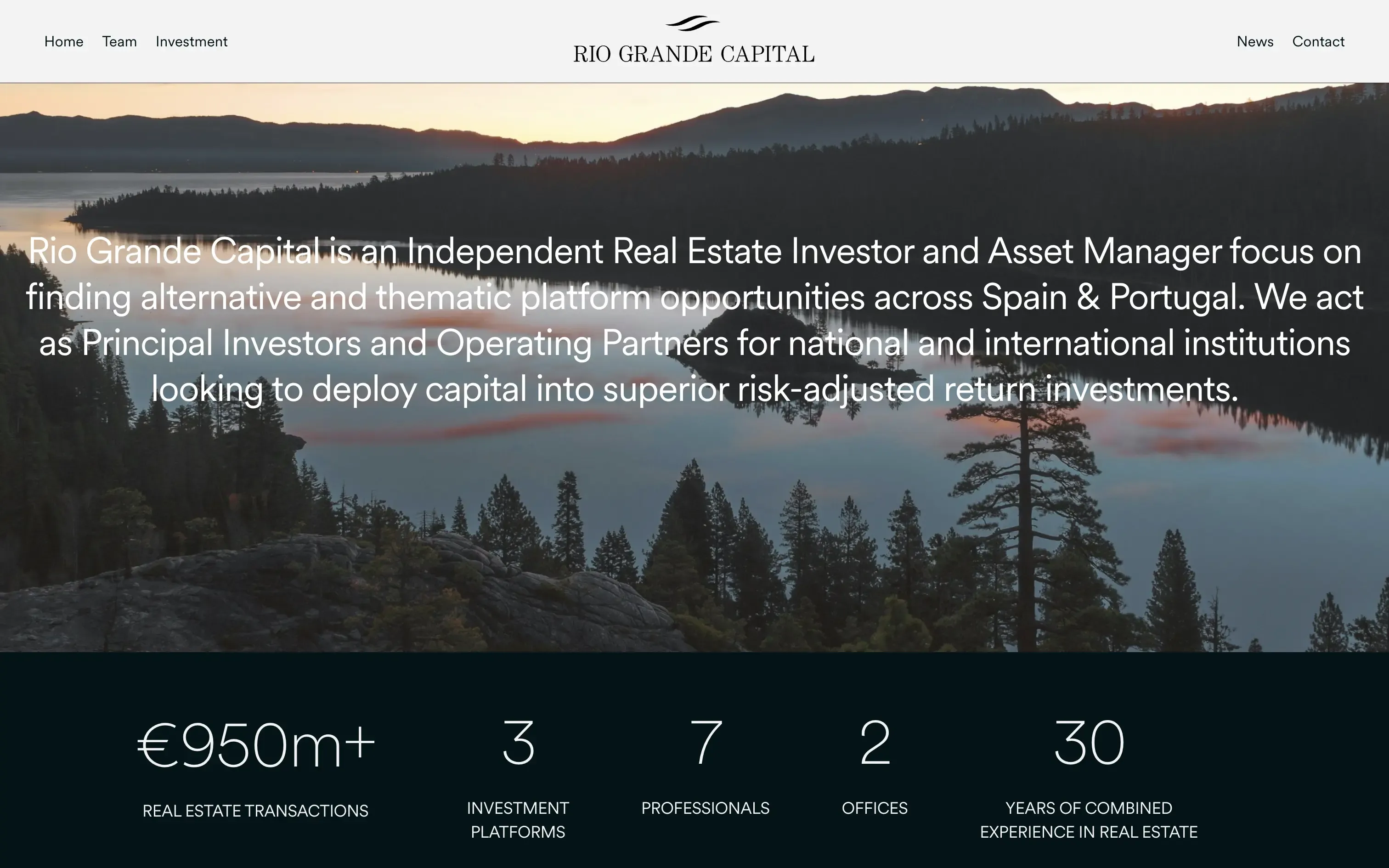 Rio Grande Capital homepage over a lake landscape with key investment figures