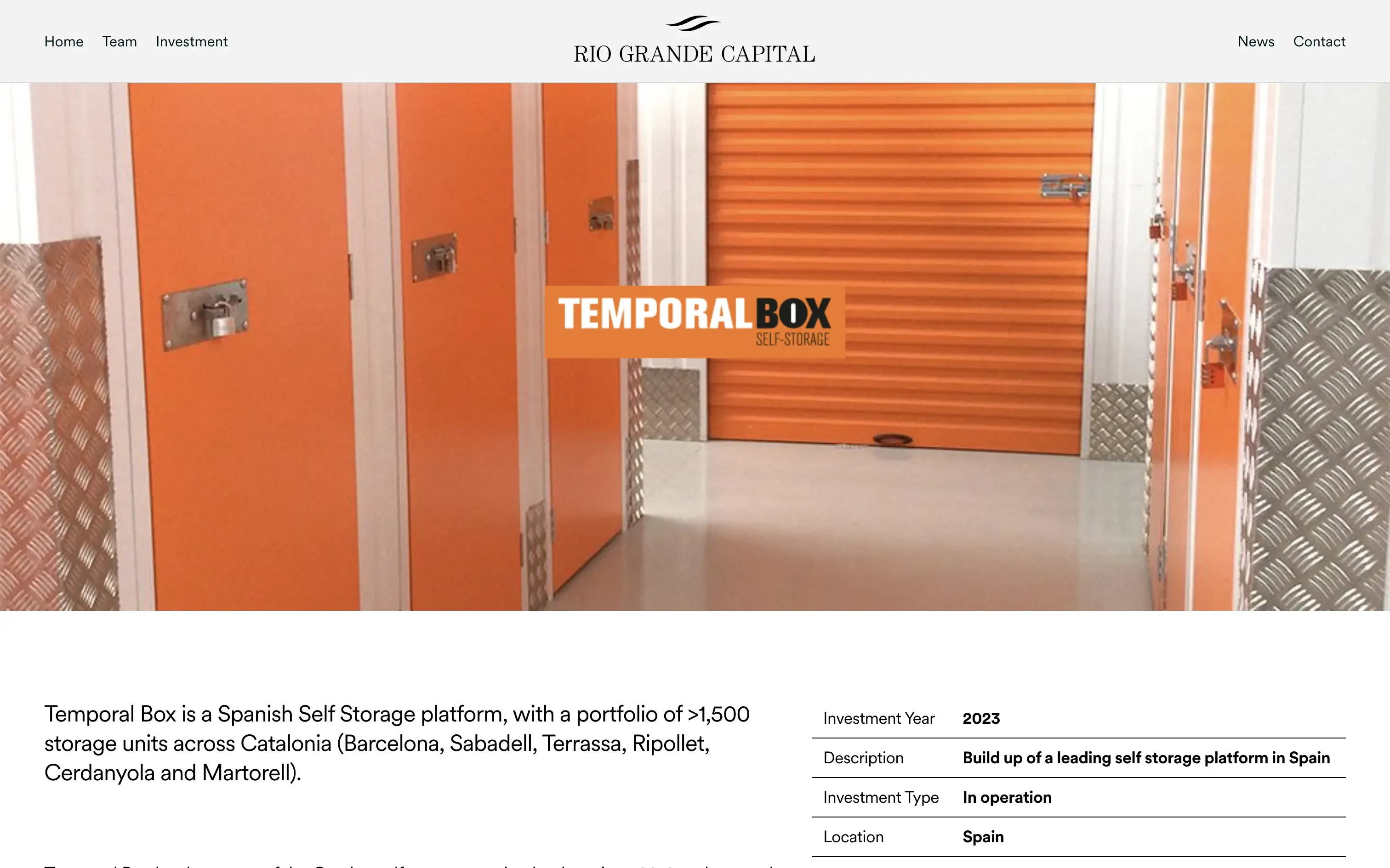 Rio Grande Capital investment page for Temporal Box, a self-storage platform in Spain
