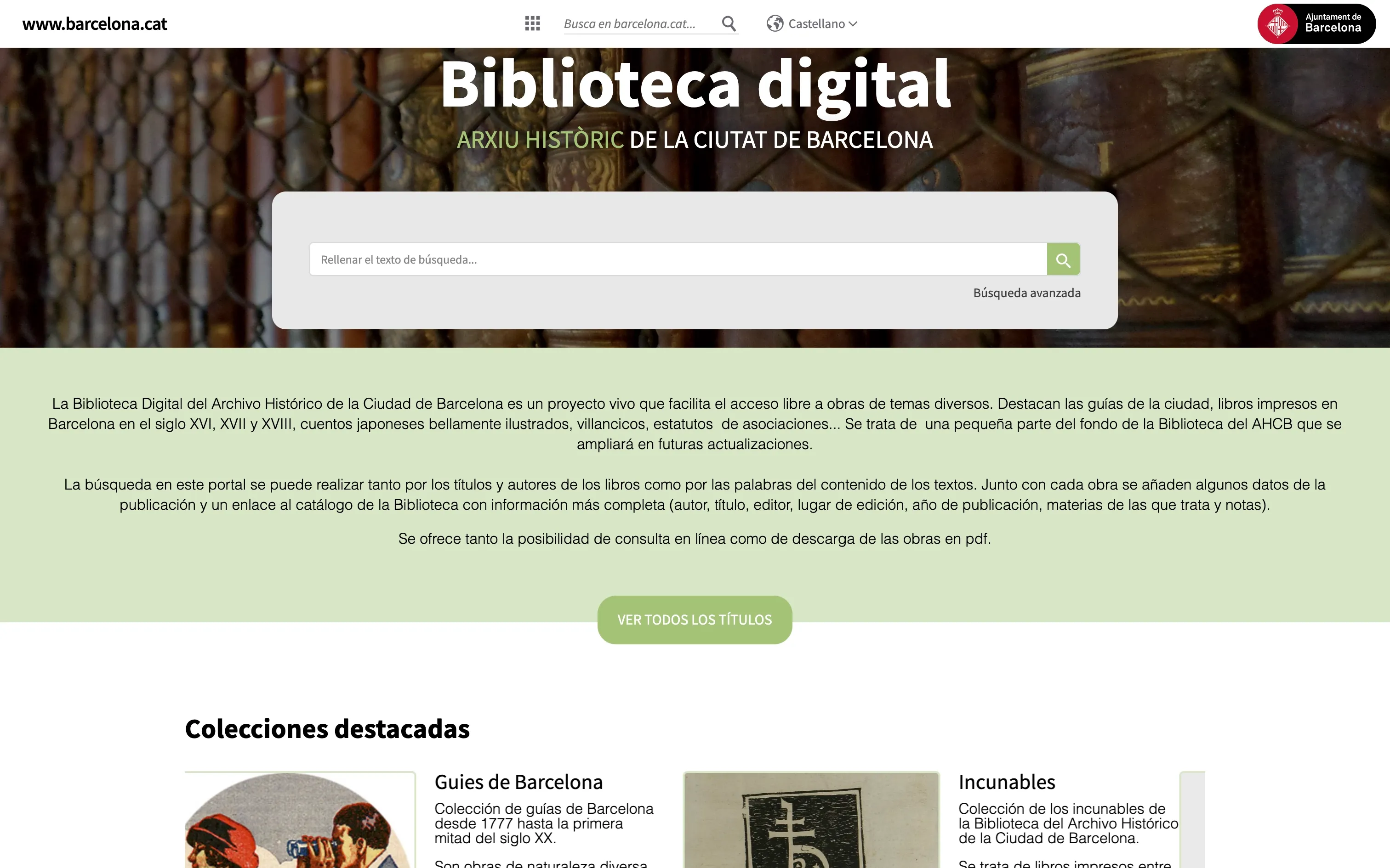 Biblioteca Digital of the Barcelona City History Archive homepage with featured collections