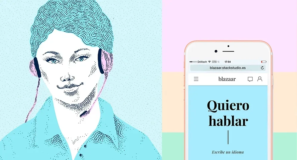 Blazaar illustration of a person with headphones next to the app's 'Quiero hablar' screen