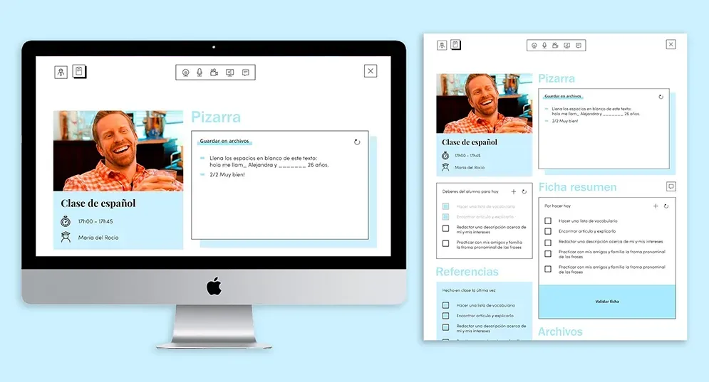 Blazaar online language class platform on an iMac and a tablet, with whiteboard and lesson tools