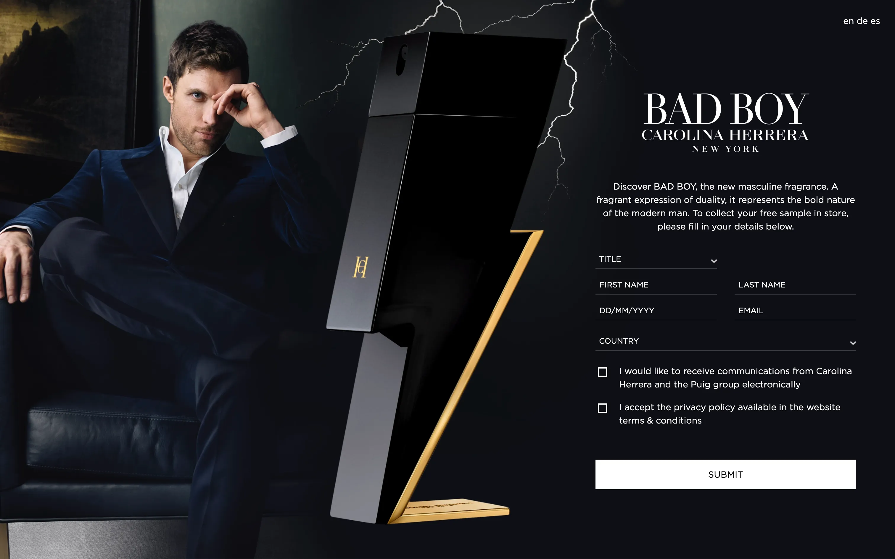 Carolina Herrera Bad Boy fragrance sampling landing page with a sign-up form