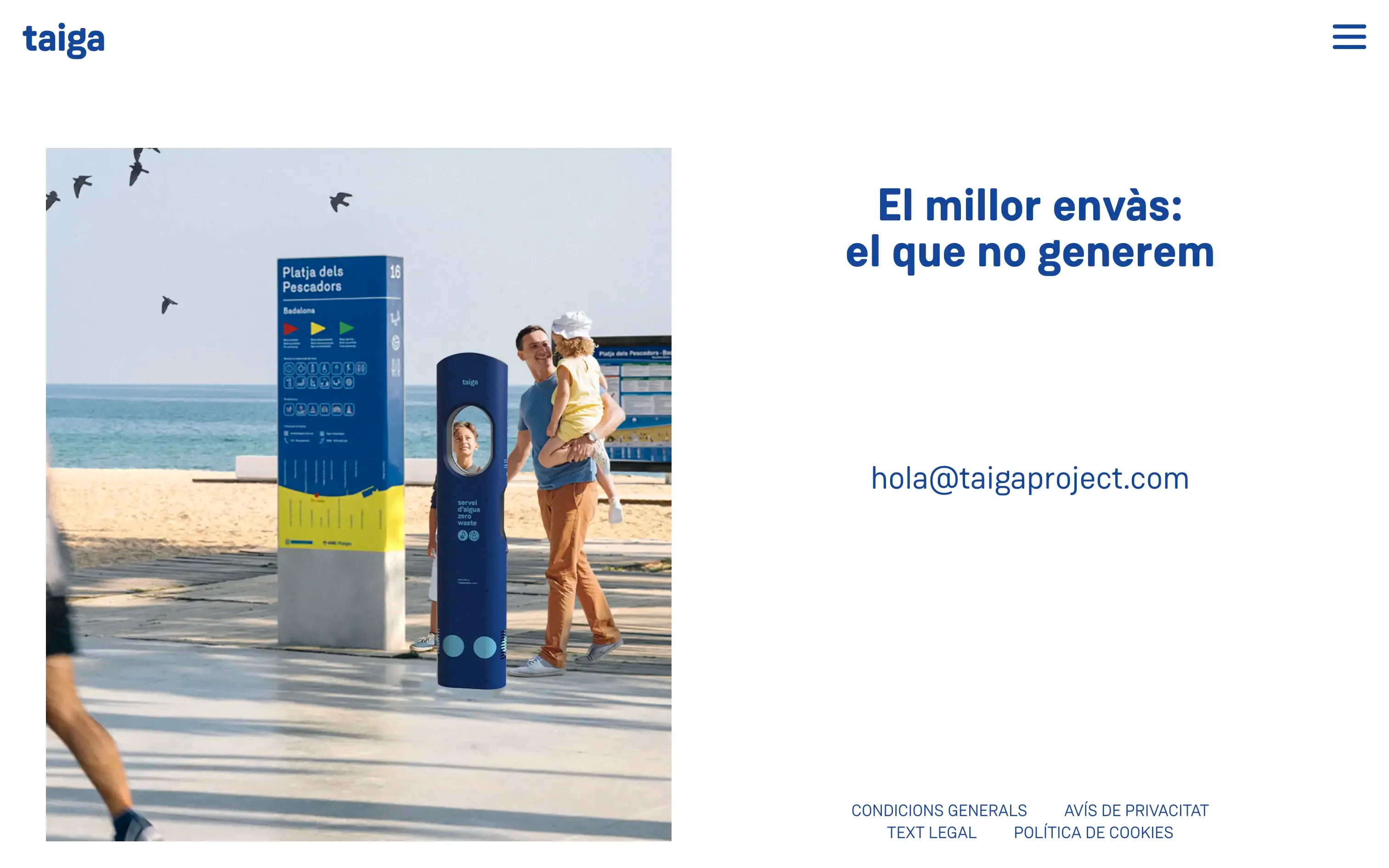 Taiga water fountain in use on a beach promenade, with contact details