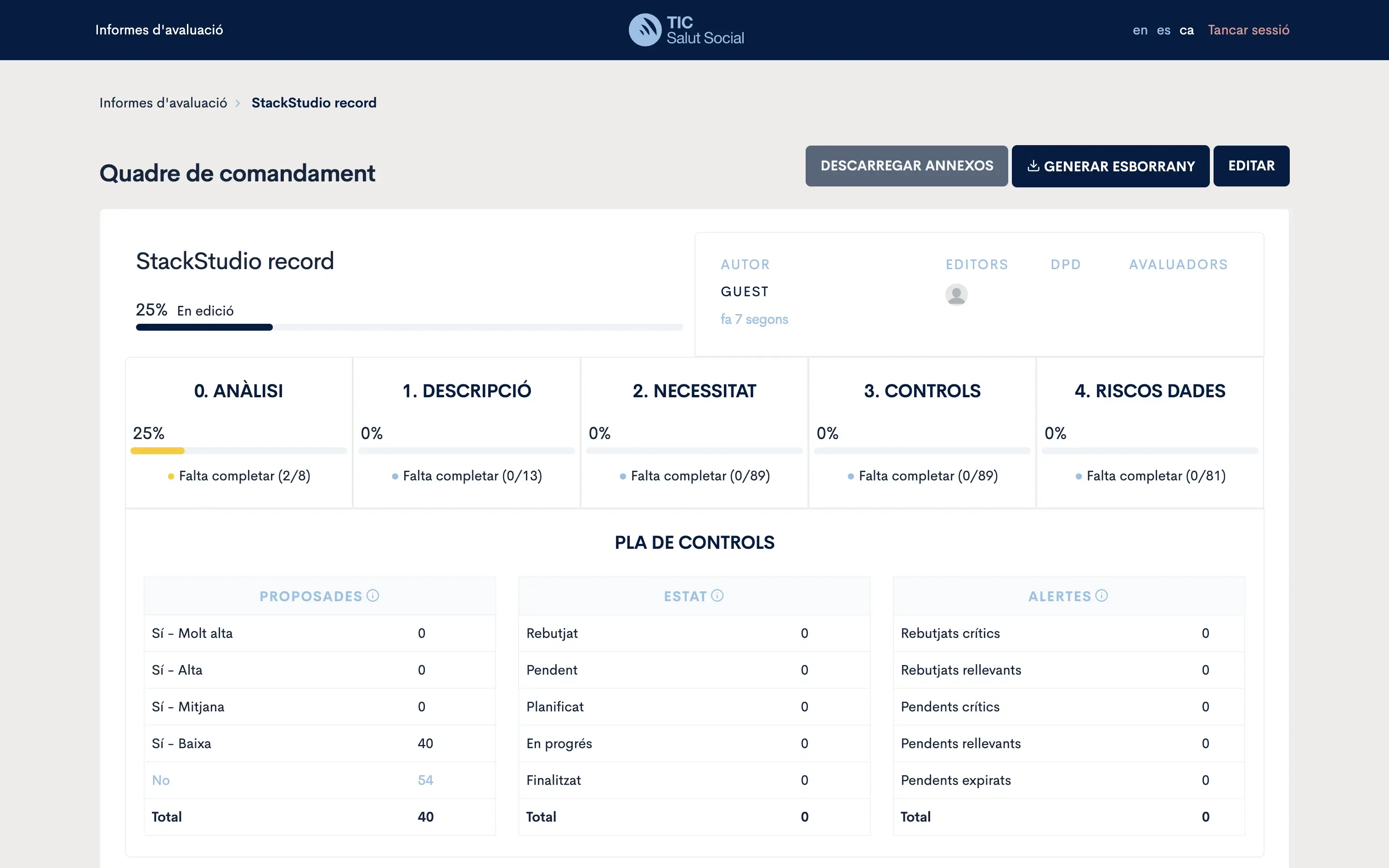 Plataforma AIPD dashboard for a data protection impact assessment, with progress by section