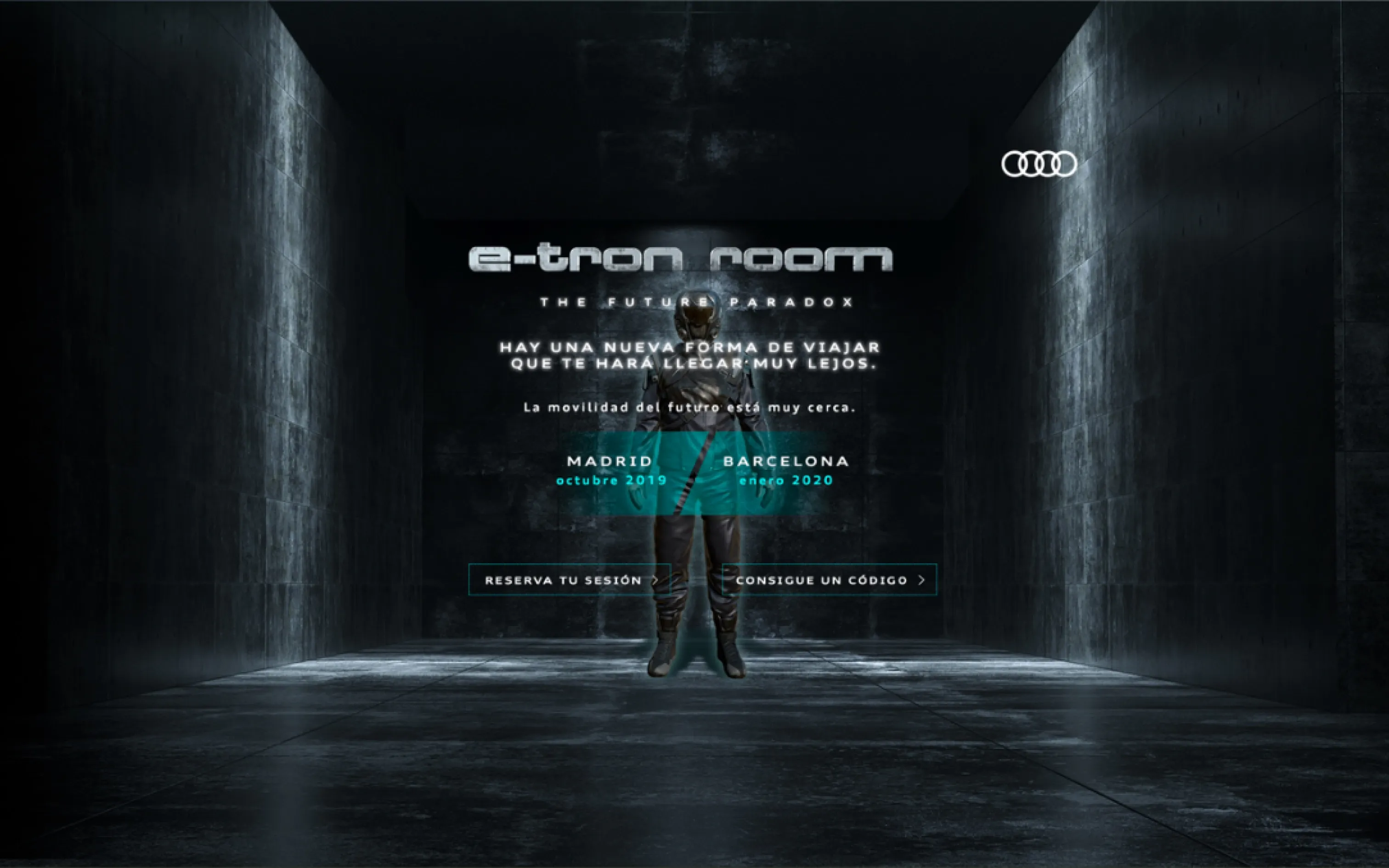 Audi e-tron Room homepage, a futuristic dark hall with event dates for Madrid and Barcelona