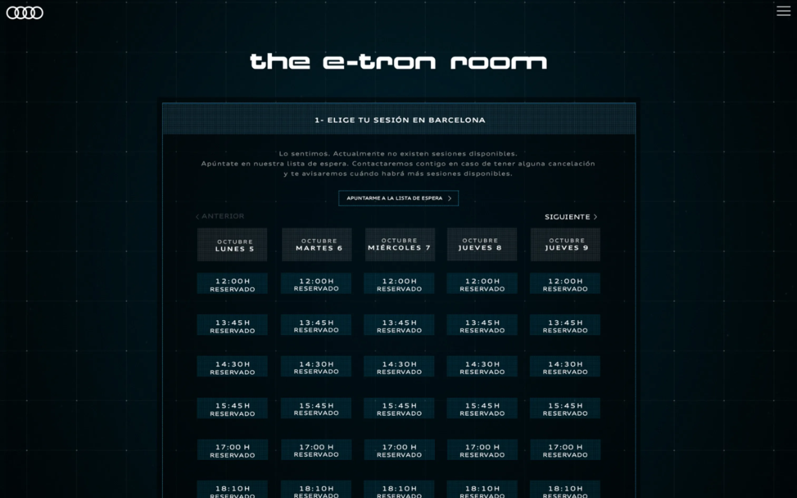 The e-tron Room booking page with available session times in Barcelona