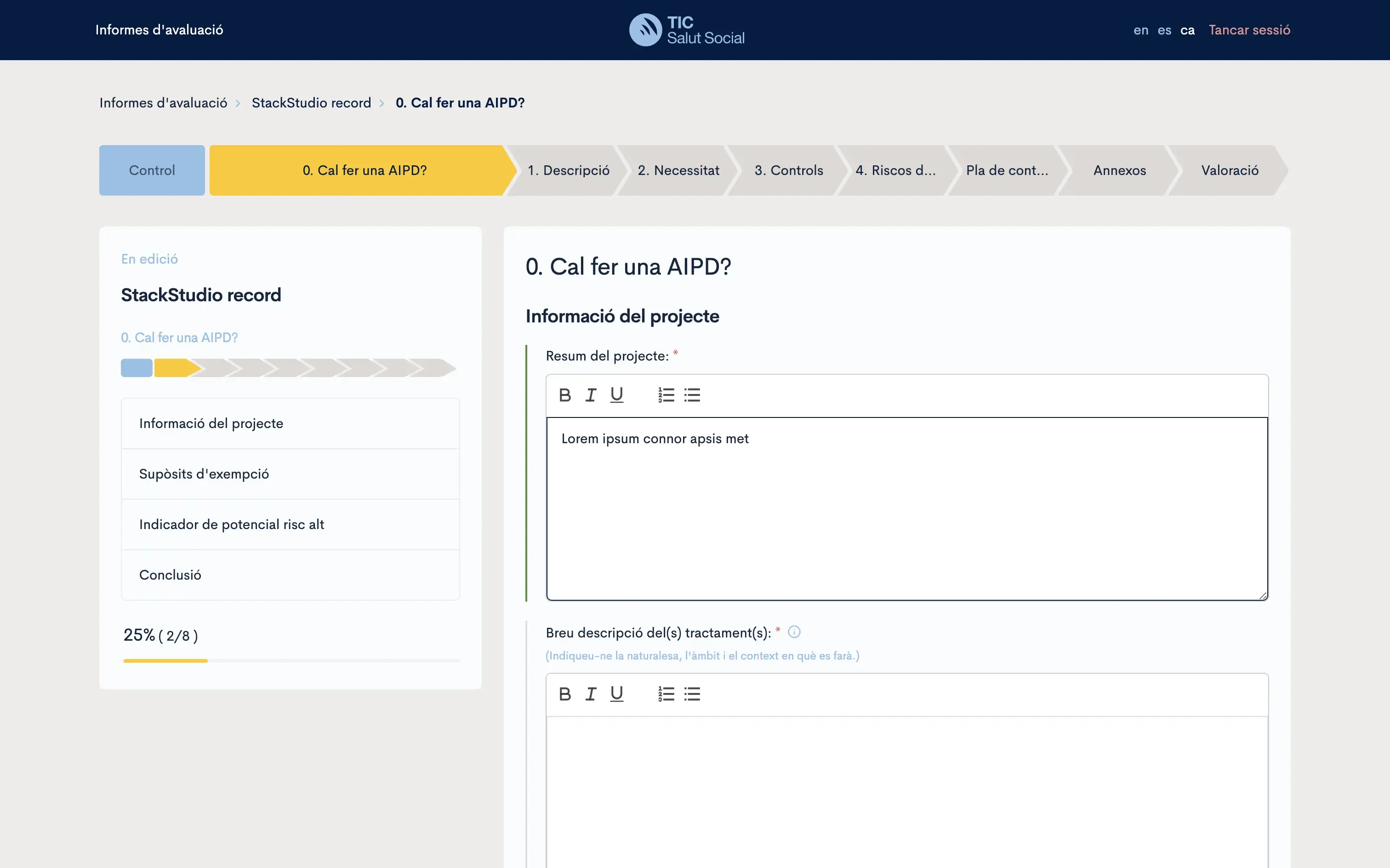 Plataforma AIPD assessment form with a step-by-step progress bar and project information fields