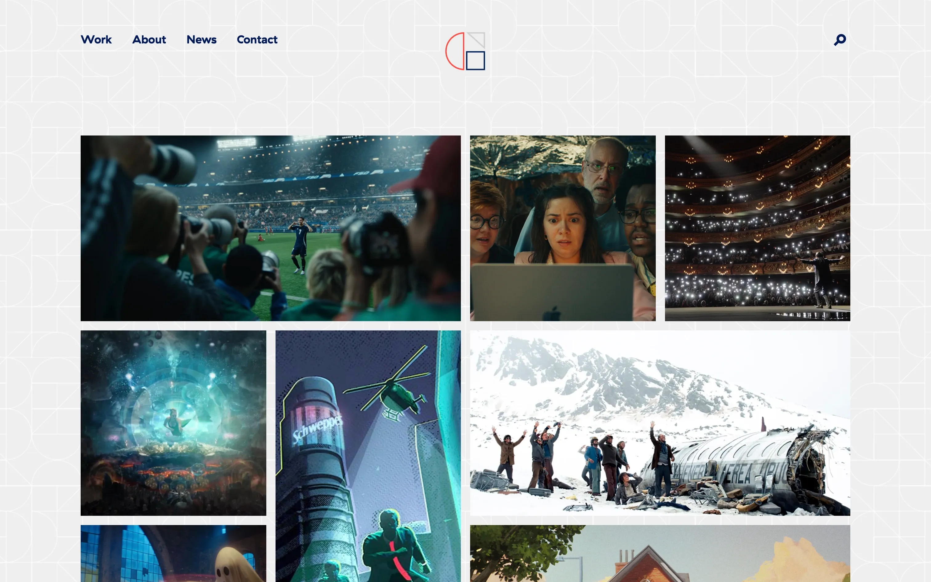 Glassworks homepage with a mosaic of visual effects and animation projects