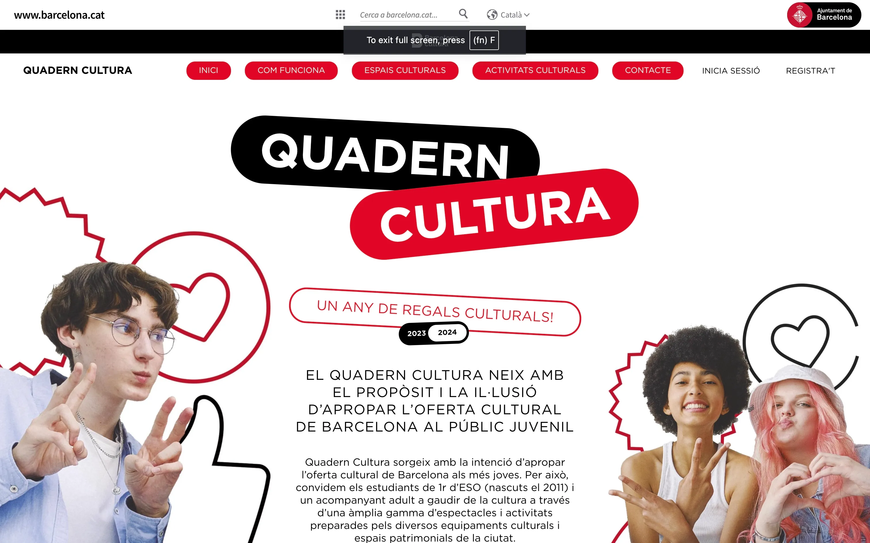 Quadern Cultura landing page for Barcelona City Council's youth culture programme