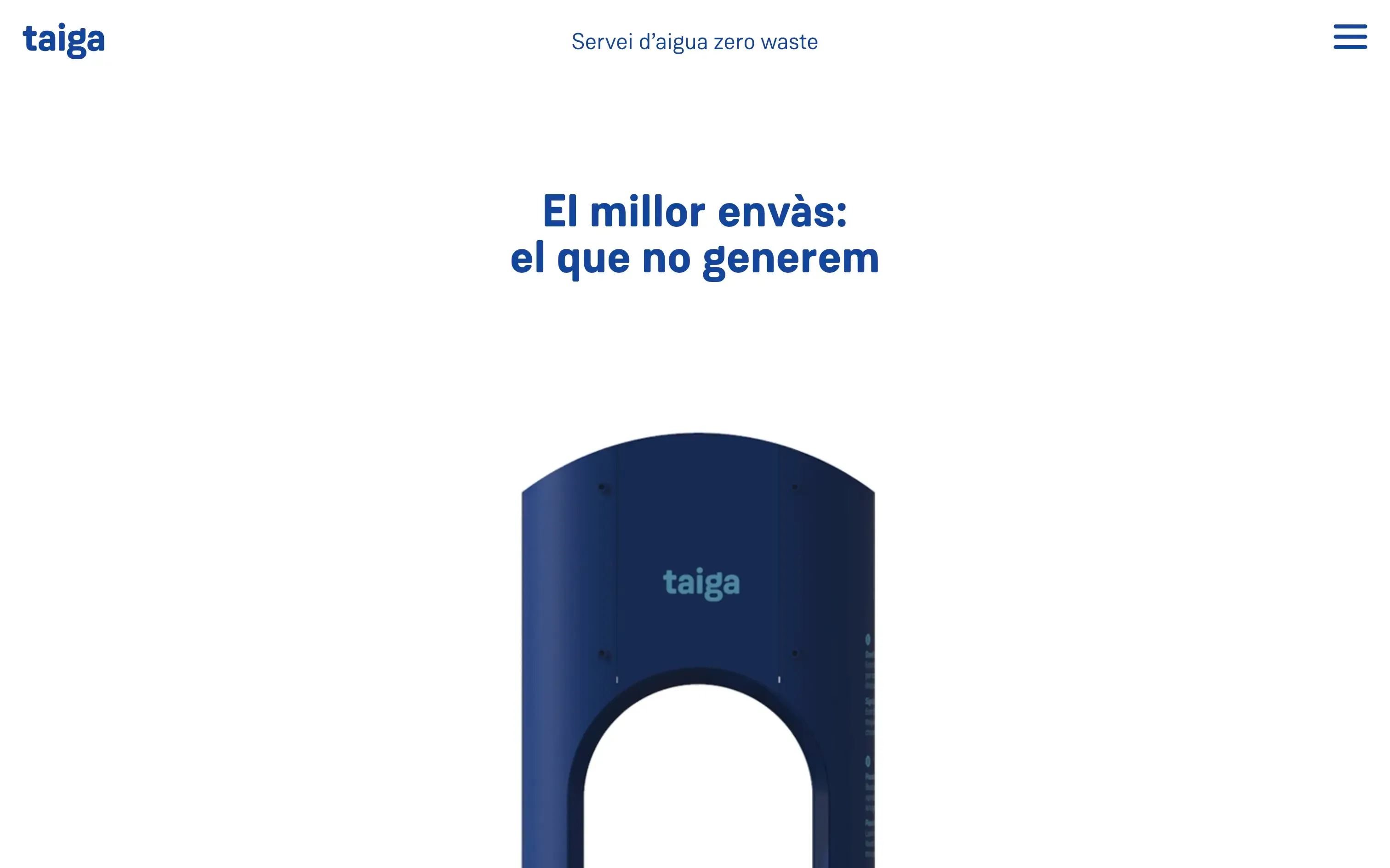 Taiga zero-waste water service homepage with a blue water fountain