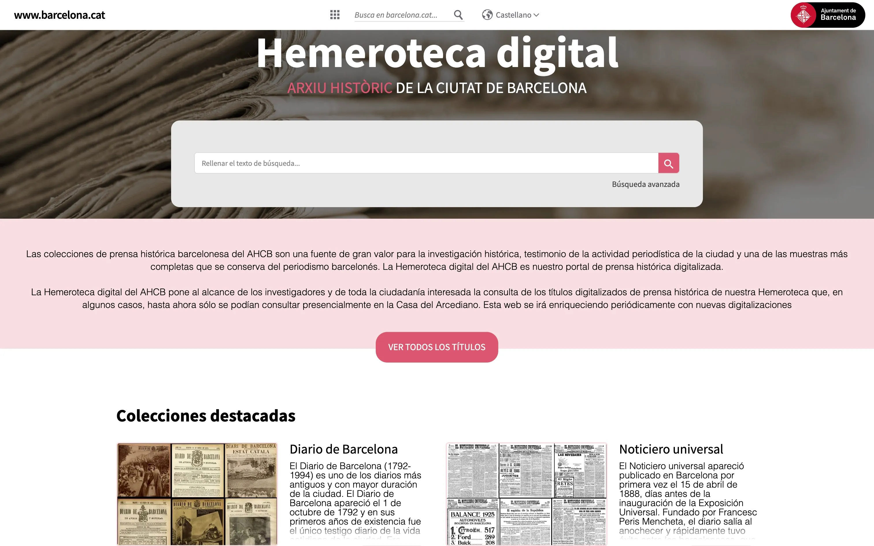 Hemeroteca Digital of the Barcelona City History Archive homepage with search and featured collections
