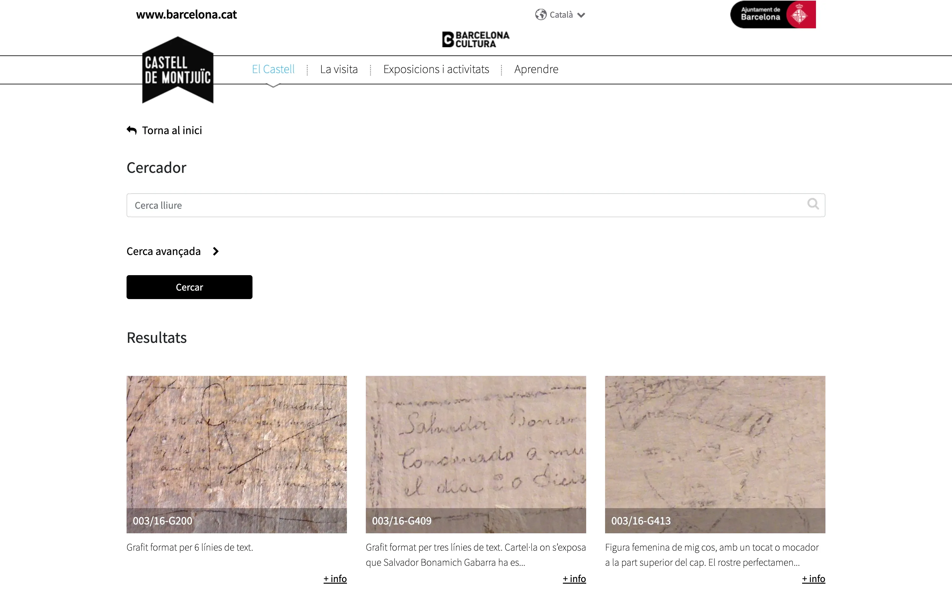 Grafits search page listing catalogued graffiti from Montjuïc Castle