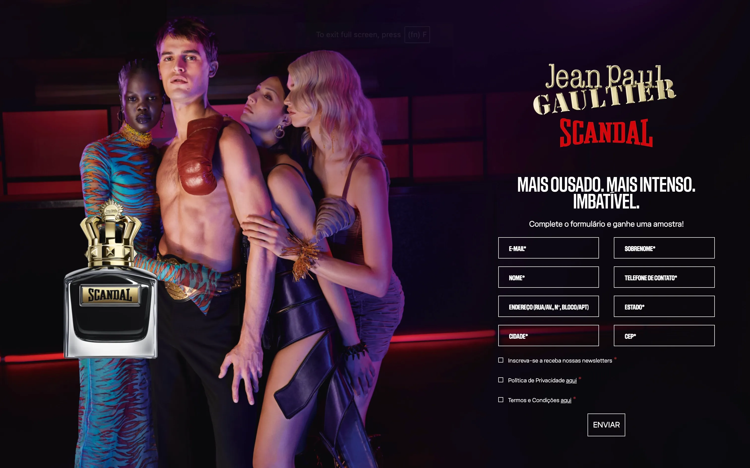 Jean Paul Gaultier Scandal fragrance sampling landing page with a sample request form
