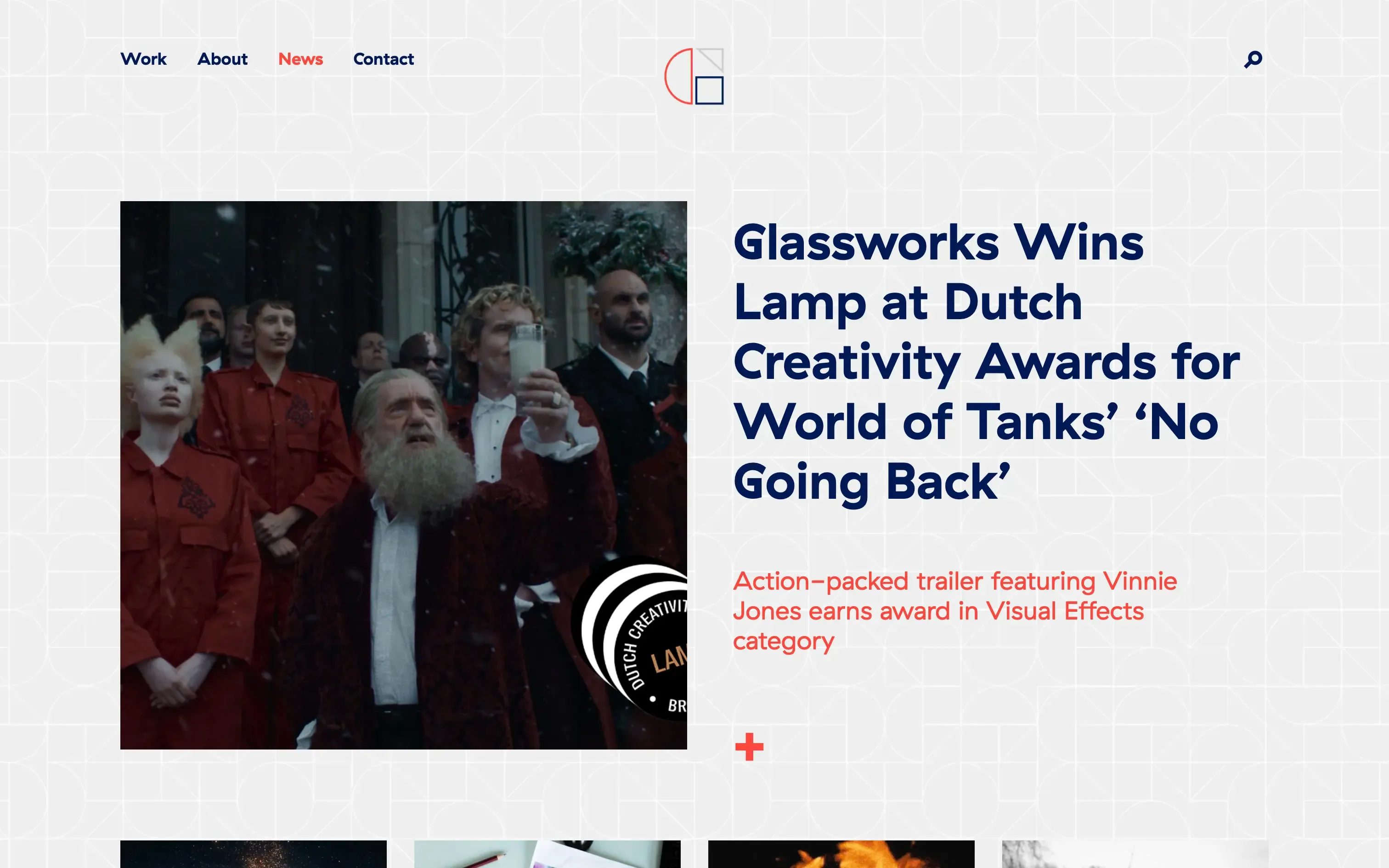 Glassworks news page announcing a Dutch Creativity Awards win for World of Tanks