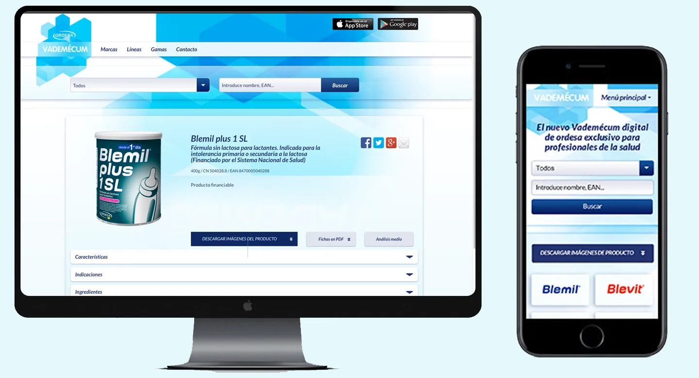Vademecum Ordesa website for healthcare professionals shown on desktop and mobile