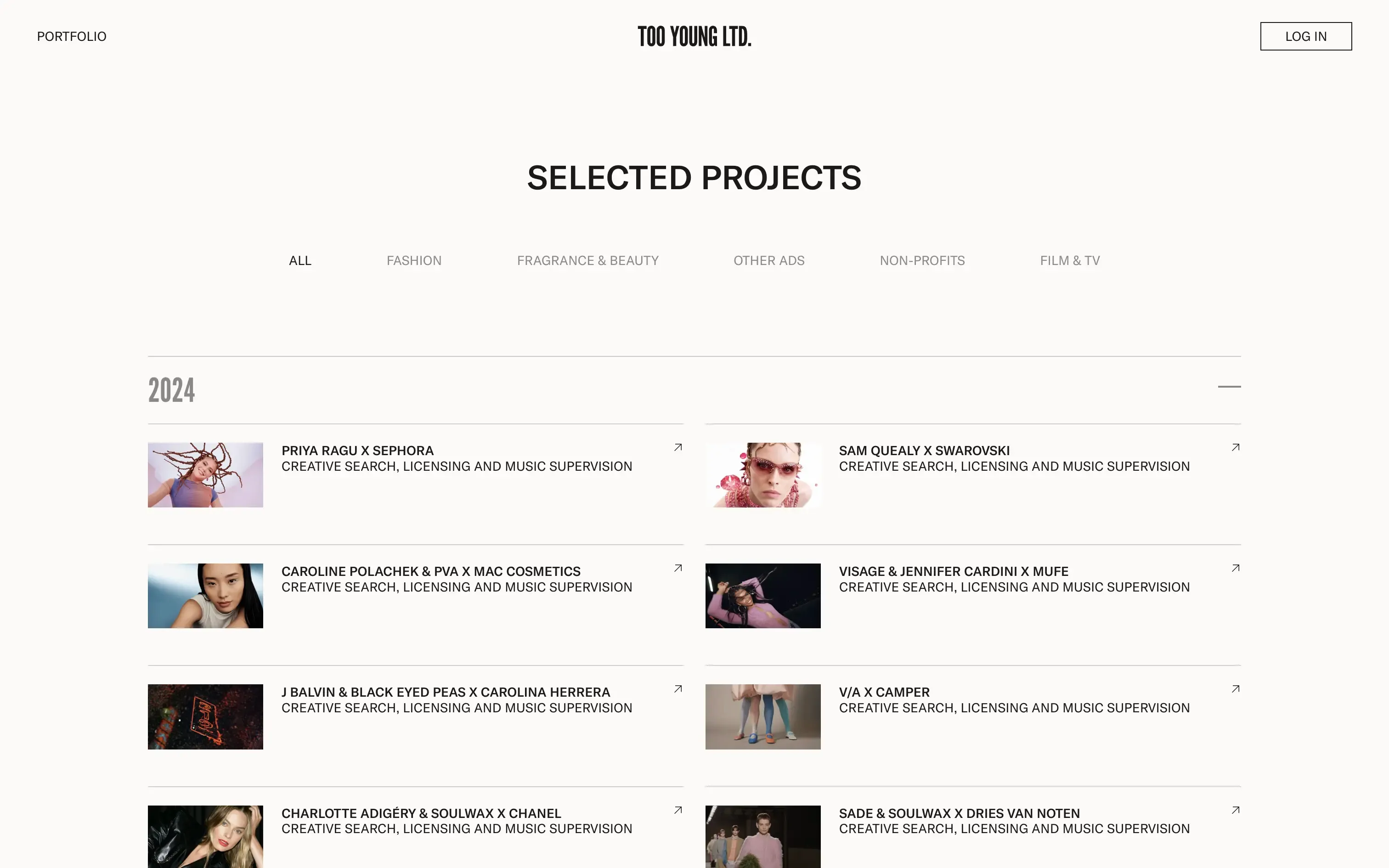 Too Young website portfolio page listing selected music supervision projects by year