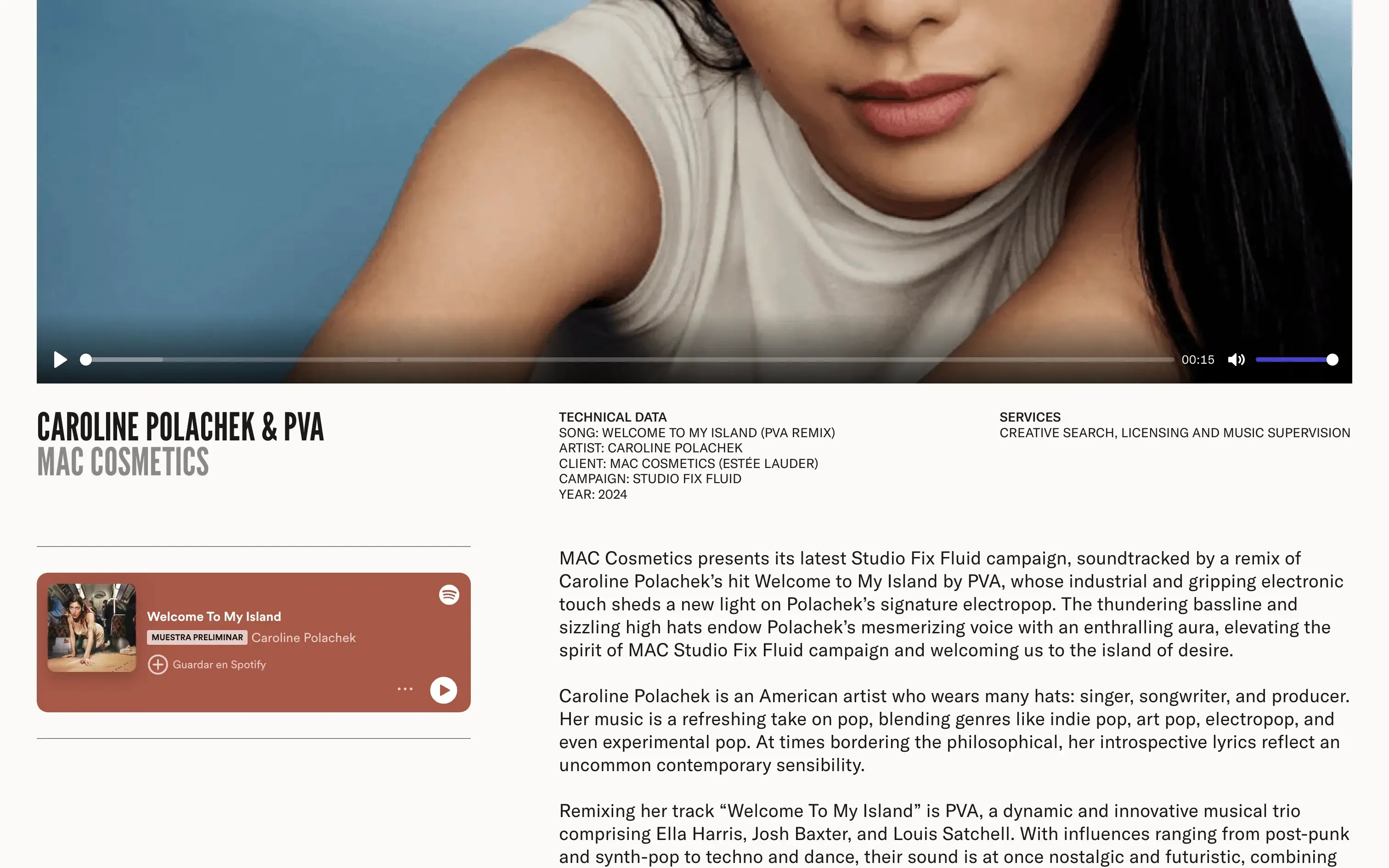 Too Young project page for Caroline Polachek & PVA × MAC Cosmetics, with video player and campaign credits
