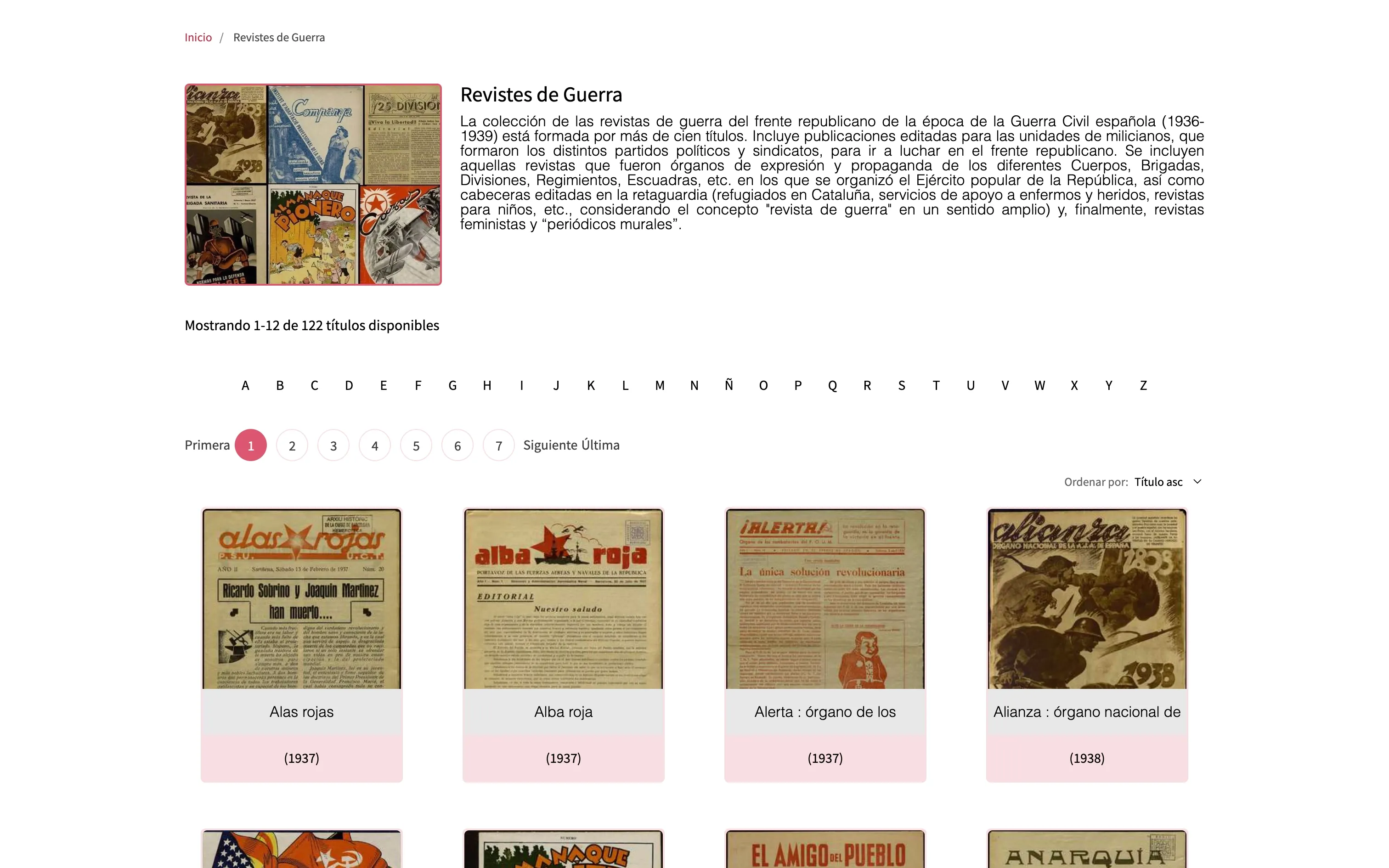Hemeroteca Digital Civil War magazines collection with an alphabetical index of titles
