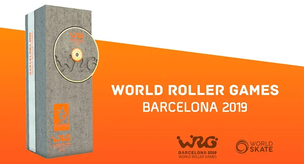 World Roller Games Barcelona 2019 trophy and event branding on an orange background