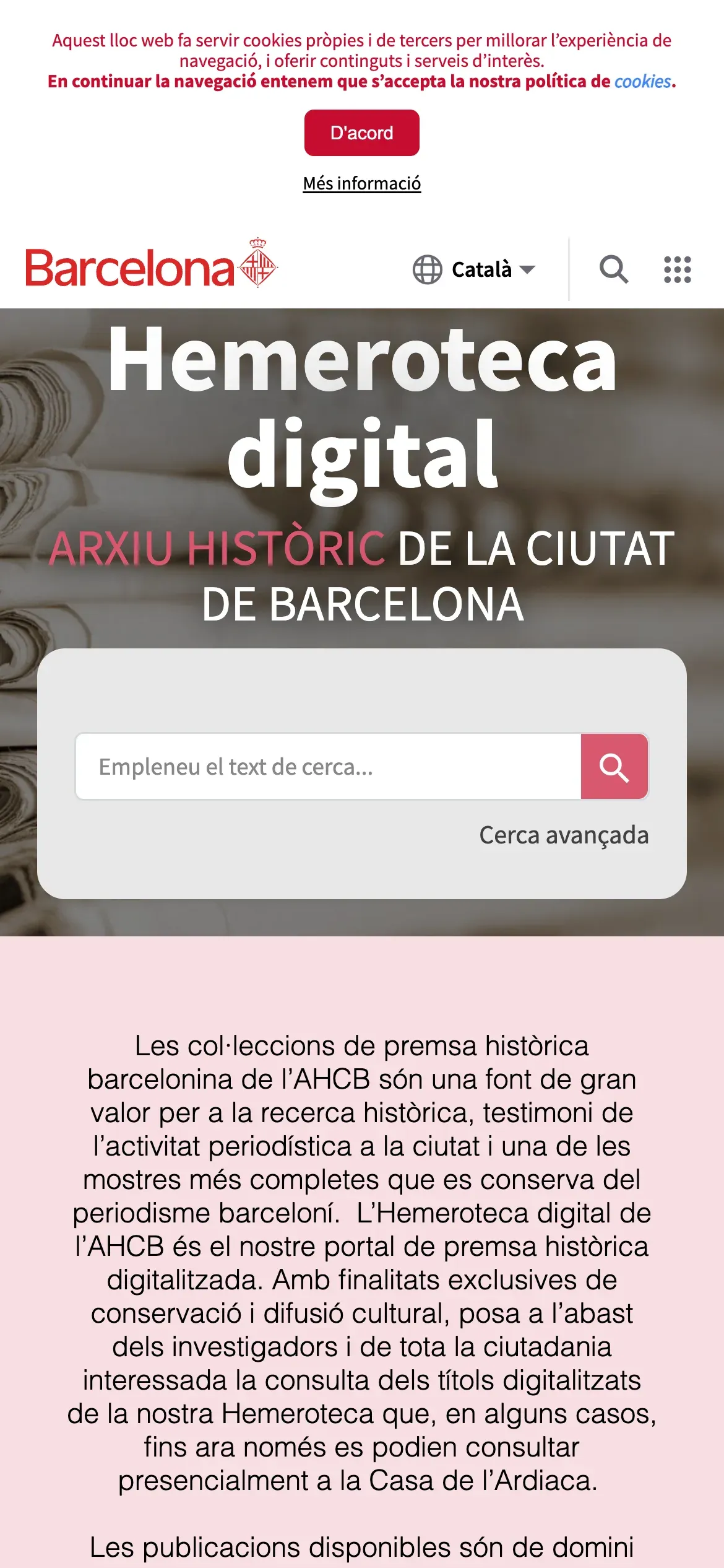 Screenshot of the Hemeroteca Digital website on mobile