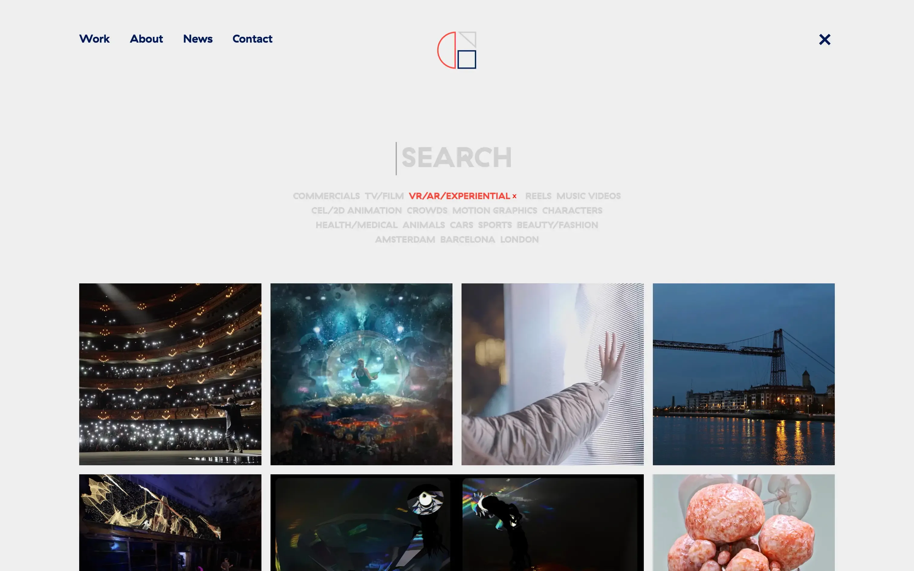 Glassworks project search page with category filters and project thumbnails