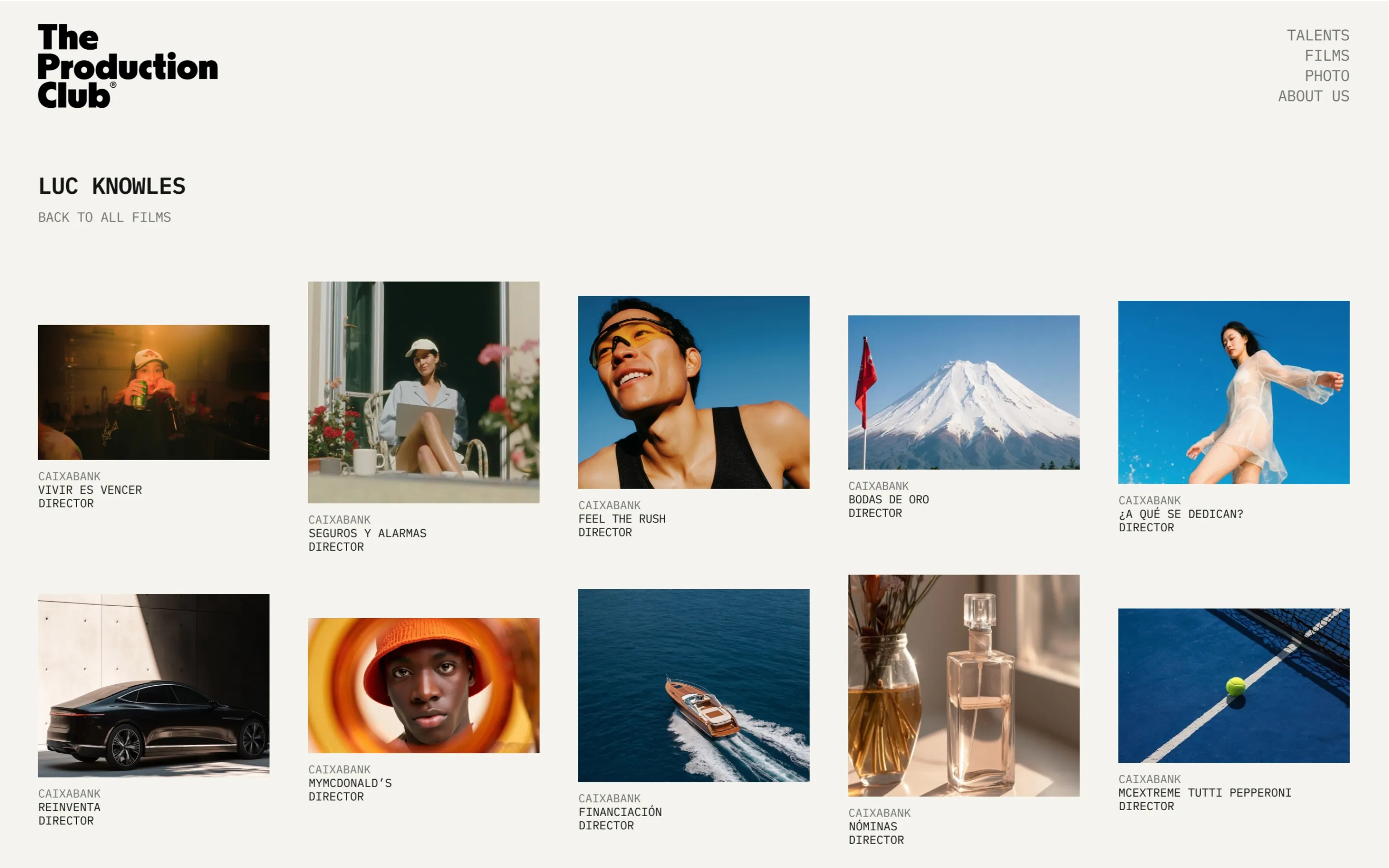 The Production Club website director page with a grid of photography and film projects